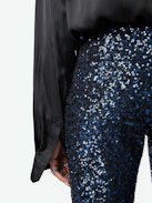 Prevy Sequin Pants - Dark blue flared pants with sequins, mid-rise waist and pockets.