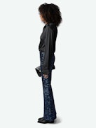 Prevy Sequin Pants - Dark blue flared pants with sequins, mid-rise waist and pockets.