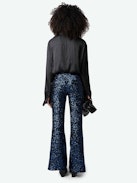 Prevy Sequin Pants - Dark blue flared pants with sequins, mid-rise waist and pockets.