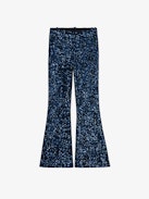 Prevy Sequin Pants - Dark blue flared pants with sequins, mid-rise waist and pockets.