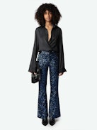 Prevy Sequin Pants - Dark blue flared pants with sequins, mid-rise waist and pockets.