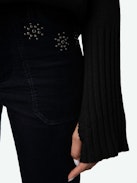 Pista Velvet Pants - Straight-cut blue corduroy pants with pockets embellished with flower studs and a slightly flared hem.
