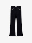 Pista Velvet Pants - Straight-cut blue corduroy pants with pockets embellished with flower studs and a slightly flared hem.