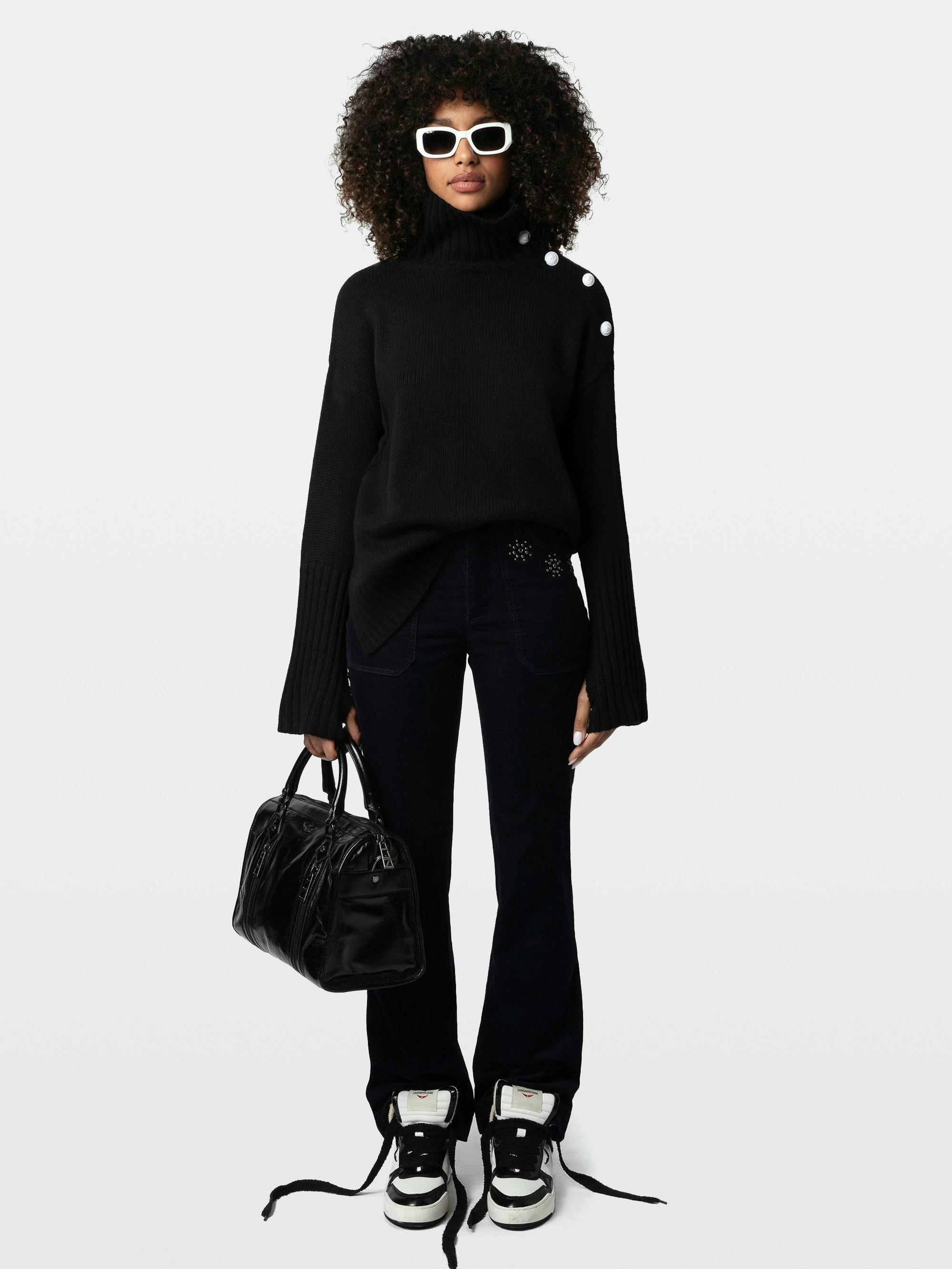 Pista Velvet Pants - Straight-cut blue corduroy pants with pockets embellished with flower studs and a slightly flared hem.