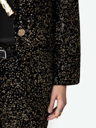 Prevy Velvet Pants - Black sequin flare pants with mid-rise waist, sequins, and pockets.