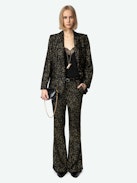 Prevy Velvet Pants - Black sequin flare pants with mid-rise waist, sequins, and pockets.