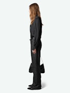 Pistol Pants - Black metallic wool blend flared pants with pockets.