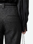 Pistol Pants - Black metallic wool blend flared pants with pockets.