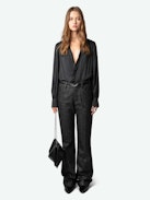Pistol Pants - Black metallic wool blend flared pants with pockets.