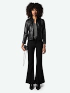 Prevy Diamanté Wings Trousers - Straight-cut black trousers with pockets, pleats, diamanté-embellished wings on the side and slightly flared hem.