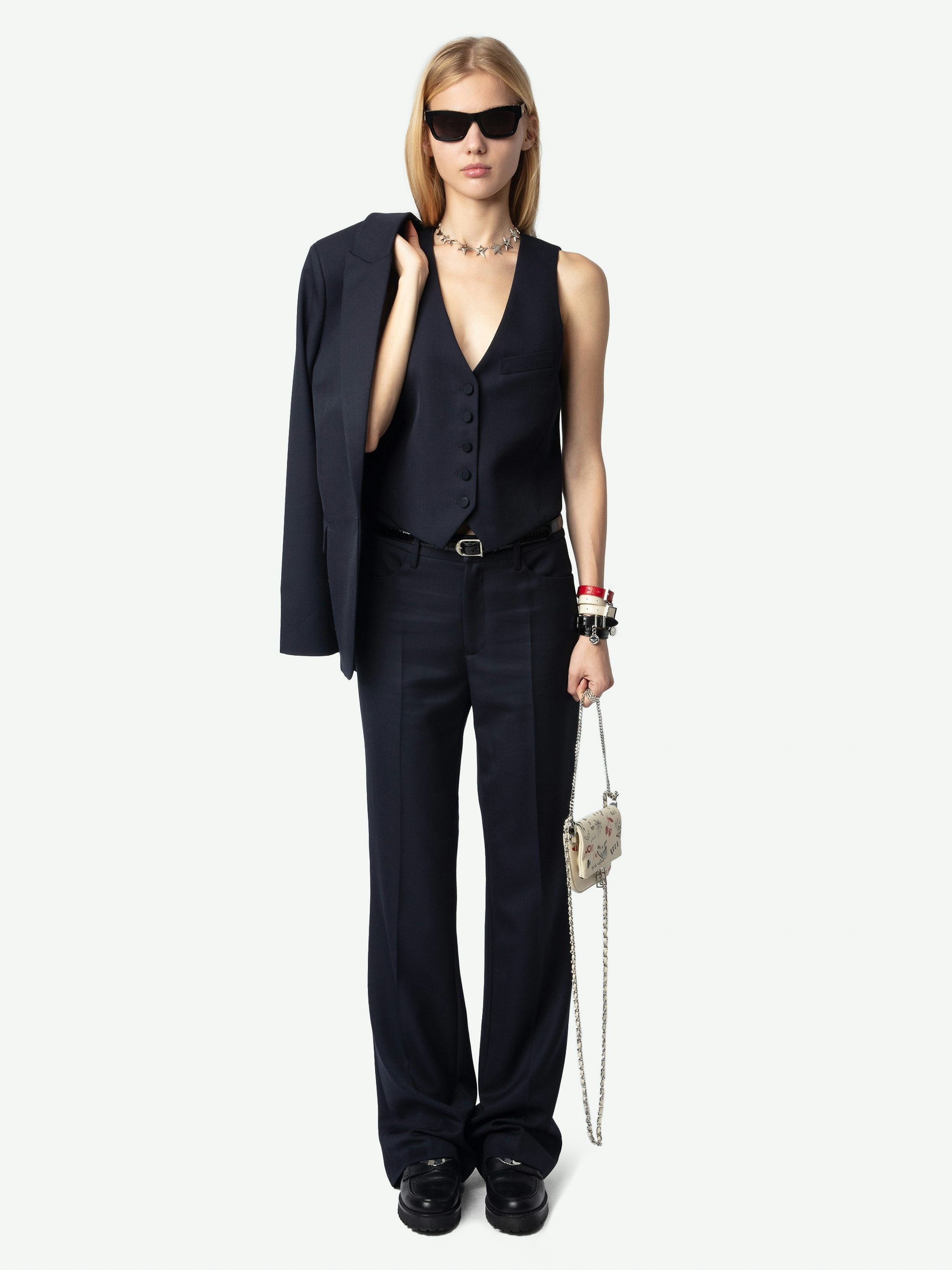 Pistol Hose 100% Reine Wolle - Ausgestellter Anzughose aus Kornpulverwolle mit Taschen.