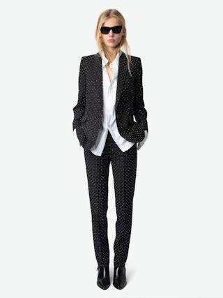 Panny Pants - Straight-leg tailored pants with pockets and rhinestones.