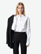 Panny Pants - Straight-leg tailored pants with rhinestone stripes and pockets.