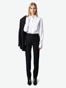Panny Pants - Straight-leg tailored pants with rhinestone stripes and pockets.