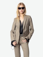Pistol Pants - Tailored and flared women's check pants with flocked polka dots and pockets.
