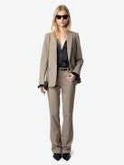 Pistol Pants - Tailored and flared women's check pants with flocked polka dots and pockets.