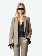 Pistol Pants - Tailored and flared women's check pants with flocked polka dots and pockets.