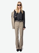 Pistol Pants - Tailored and flared women's check pants with flocked polka dots and pockets.