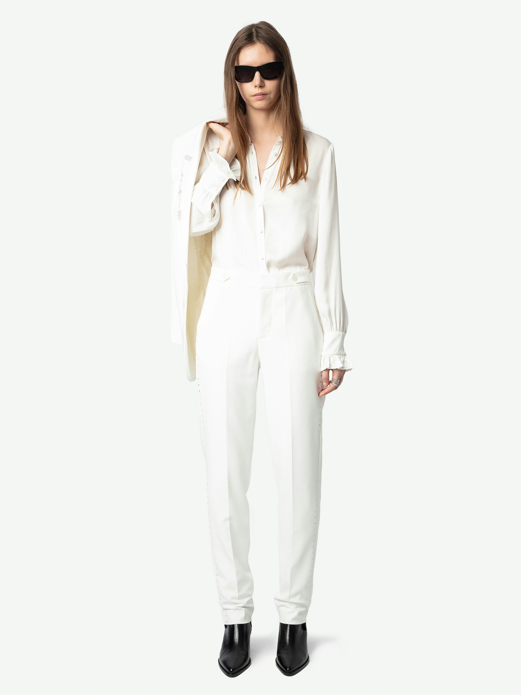 Panny Pants - Straight-leg tailored pants with pockets and rhinestones.