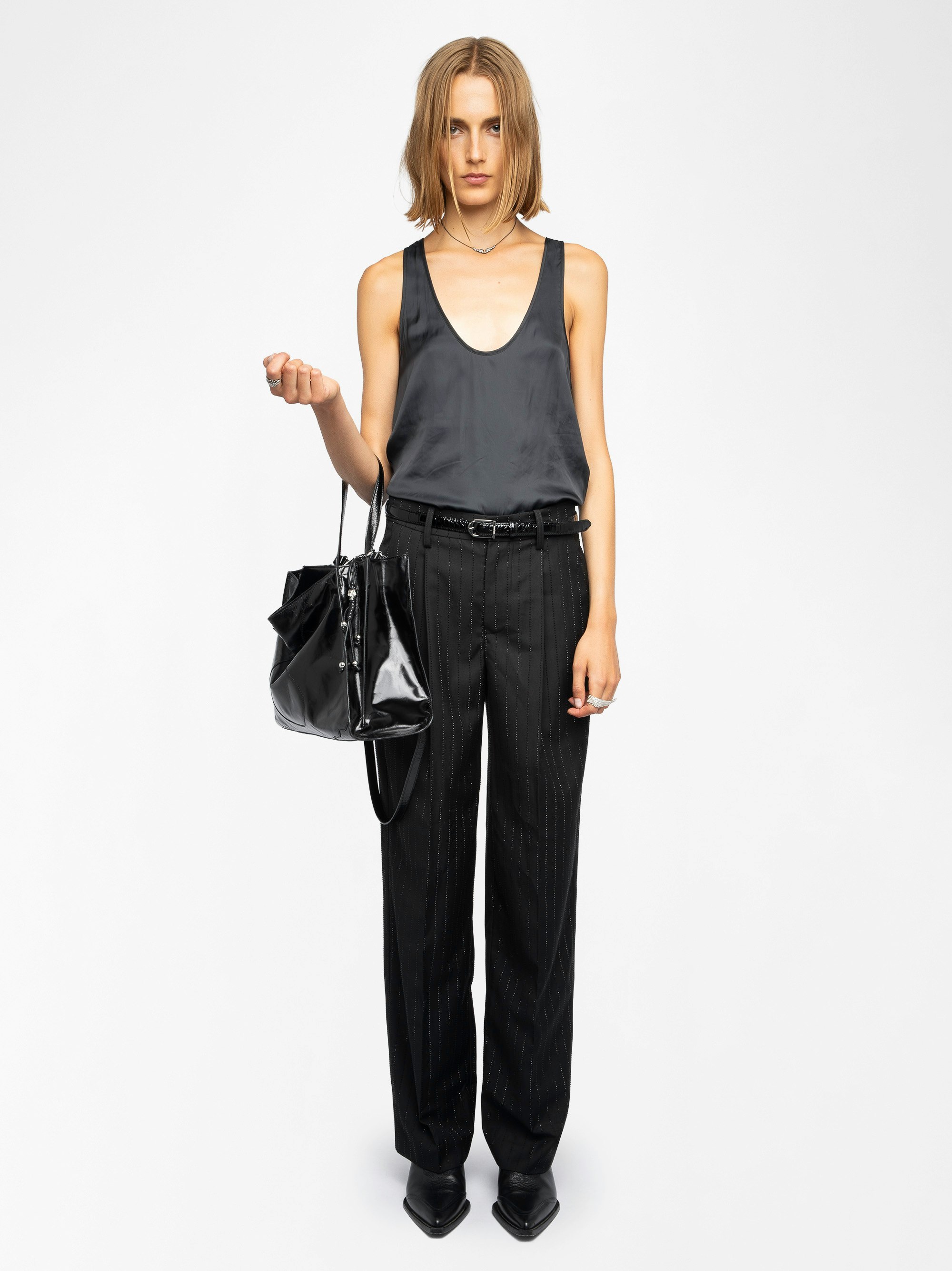 Puros Pants - Straight-leg tailored trousers with rhinestones.