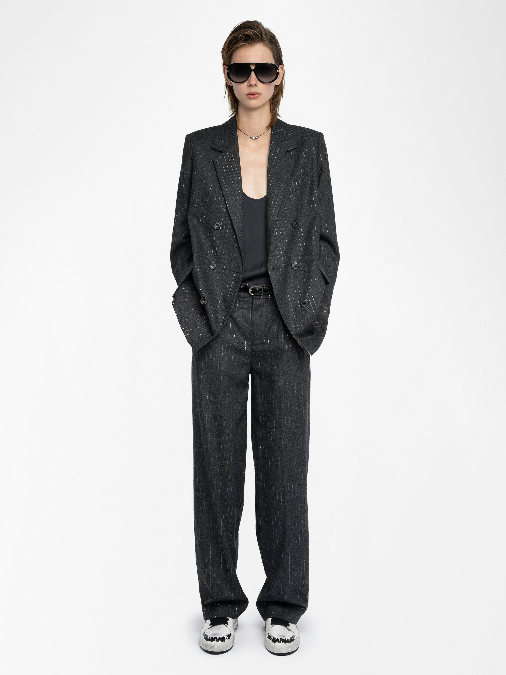 Puros Trousers - Straight tailored trousers in flannel with shimmer stripes.