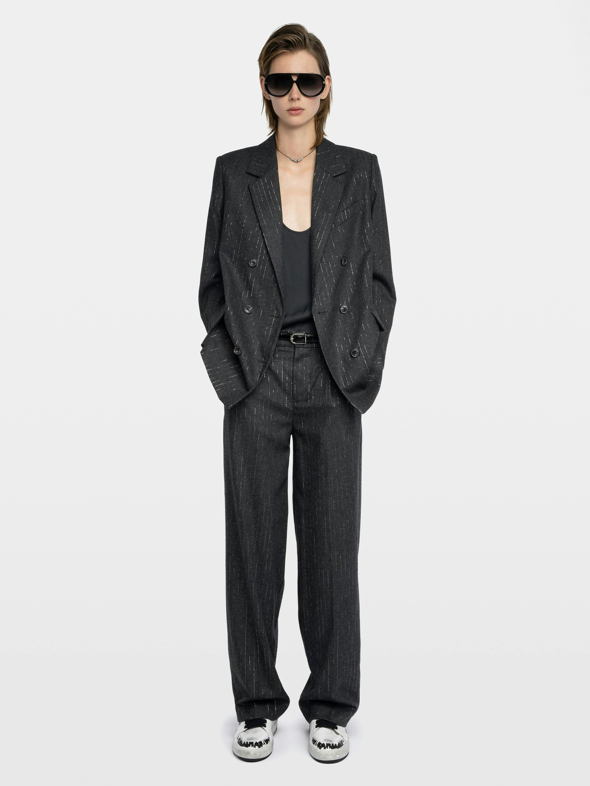 Puros Trousers - Straight tailored trousers in flannel with shimmer stripes.