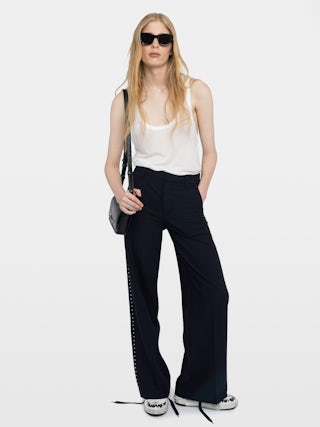 Panol Pants - Wide-leg tailored pants with rhinestones.