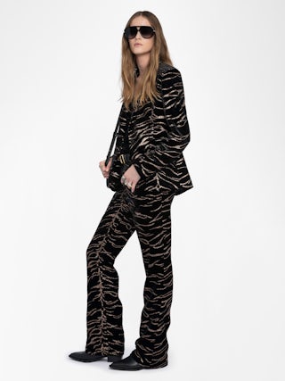 Pistol Velvet Pants - Wide straight tailored pants in tiger sequin velvet.