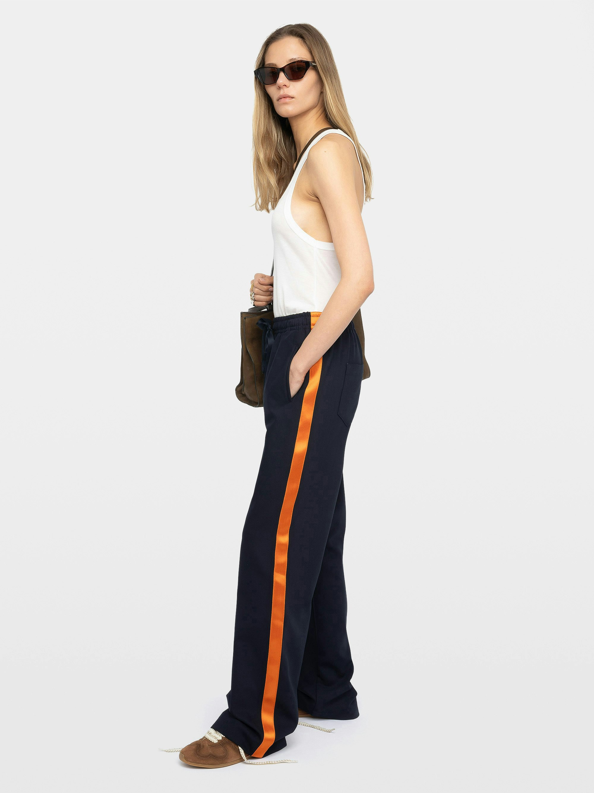 Poma Pants - Straight tailored trousers with jogging spirit, featuring satin bands and elastic waist.