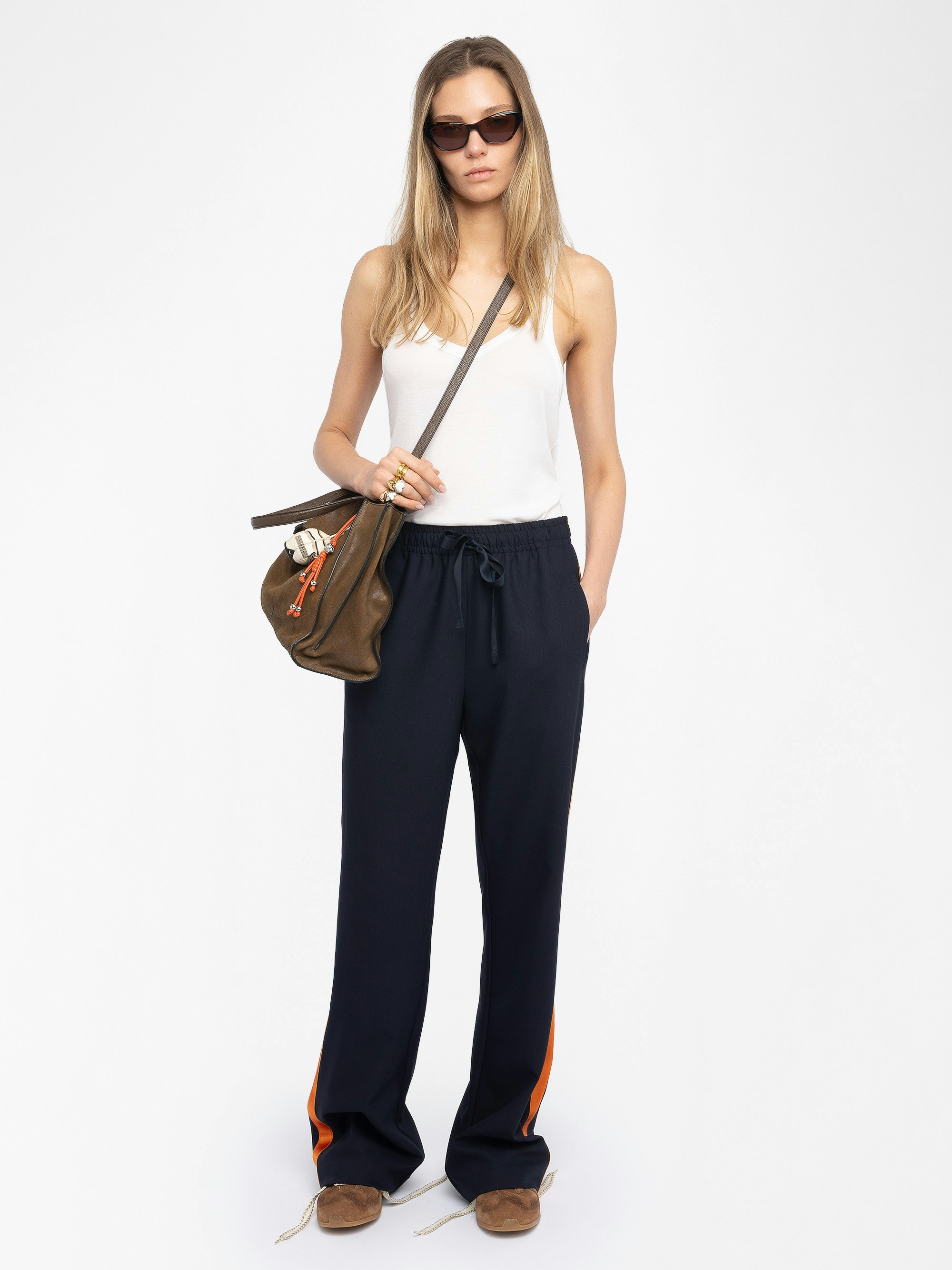 Poma Trousers - Straight tailored trousers with jogging spirit, featuring satin bands and elastic waist.