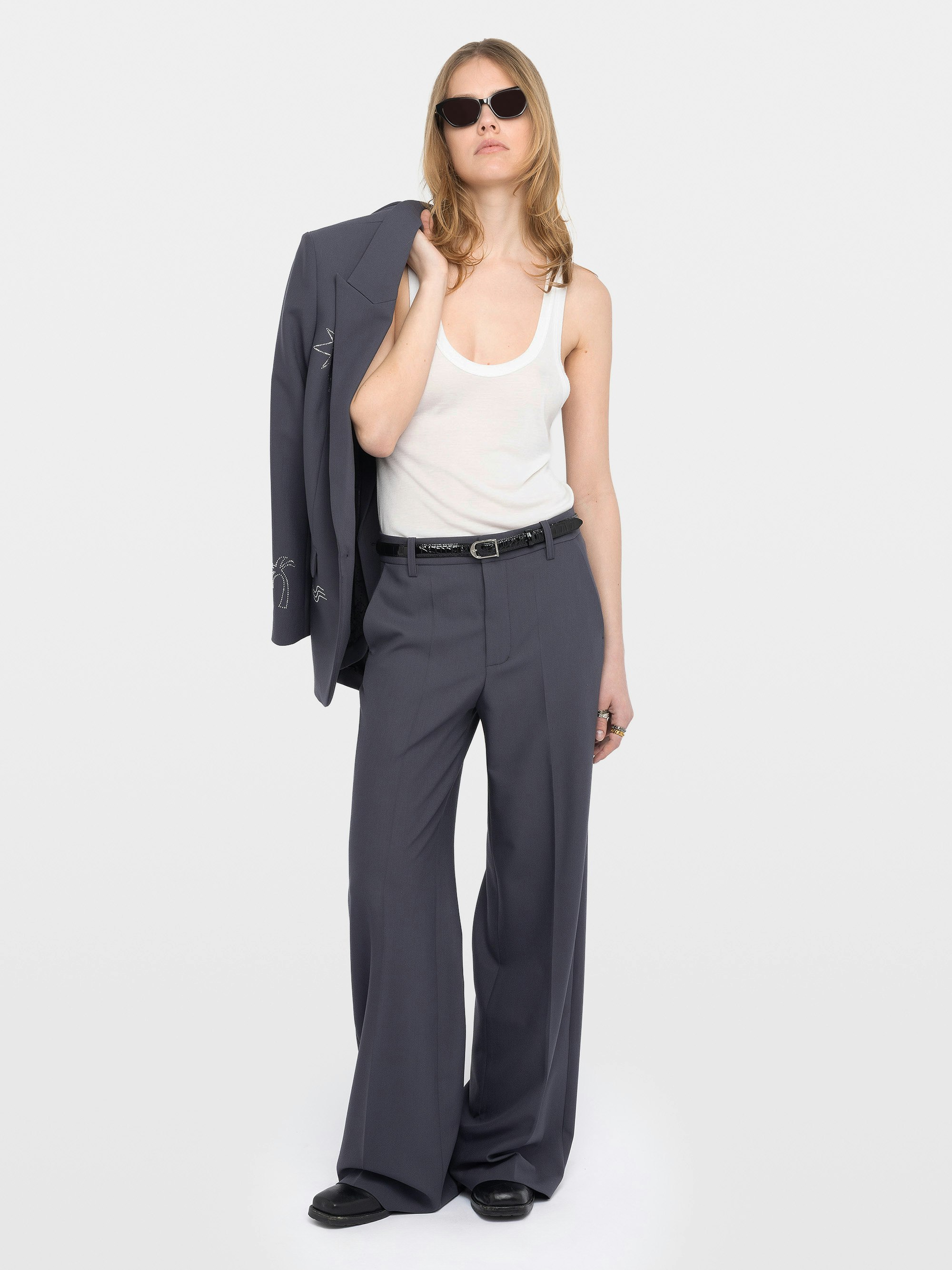Panol Pants - Tailored wide straight-leg pants in solid color.