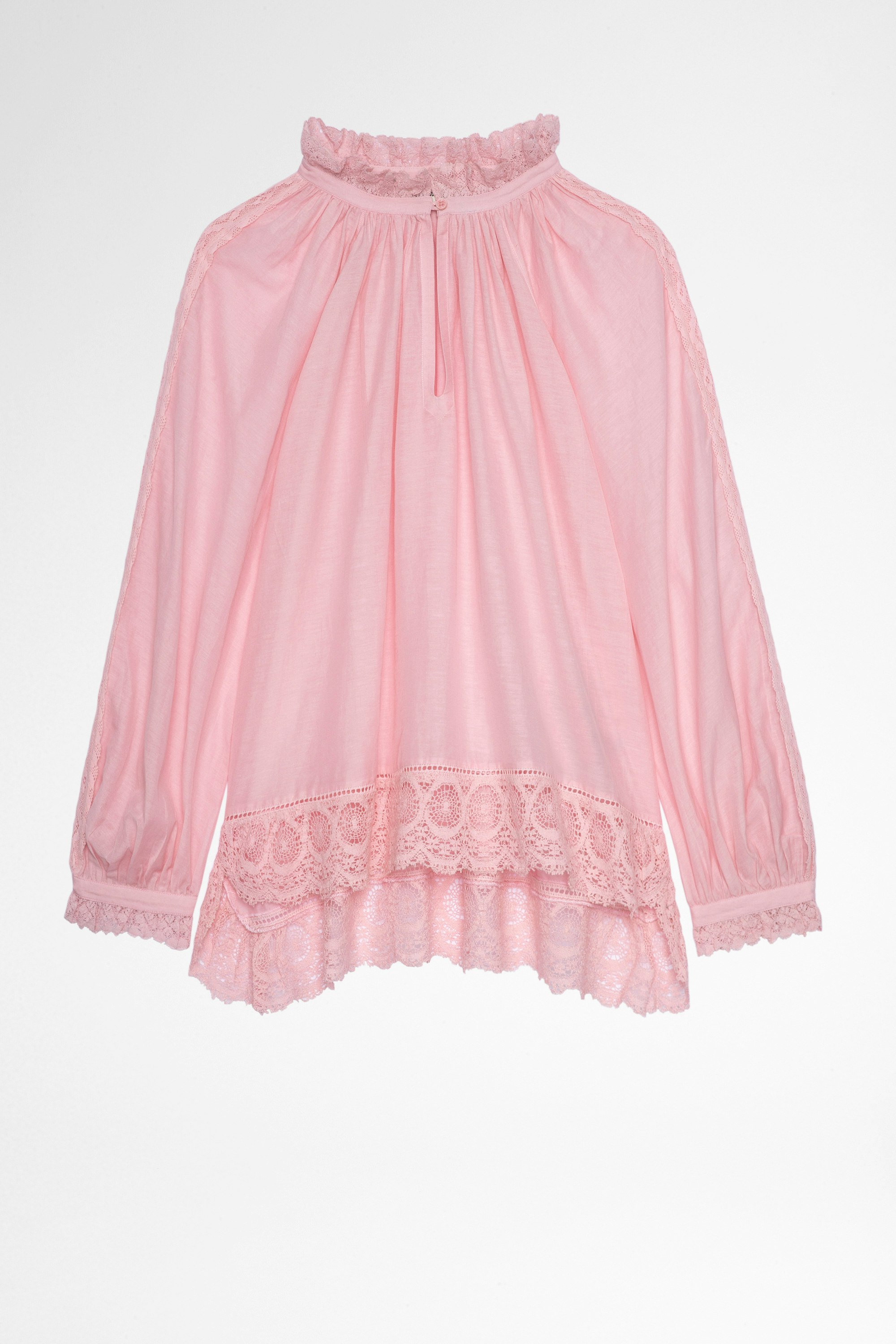 Blusa Theresa Blusa rosa de algodón con bandas de guipur para mujer