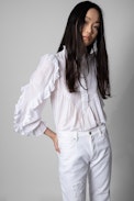 Timmy Blouse - Women's white cotton shirt with ruffles