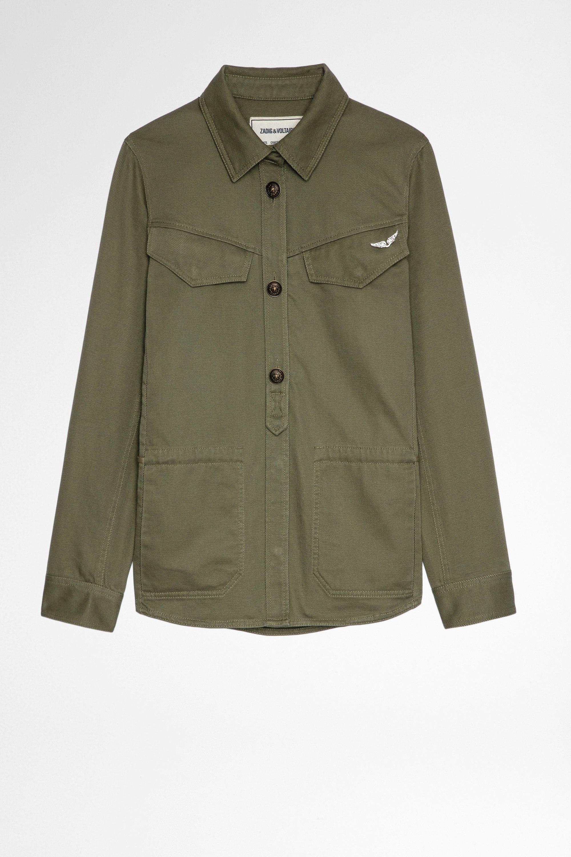 Tackl Shirt Women's khaki cotton shirt with happy patch on the back. Made with fibers from organic farming.