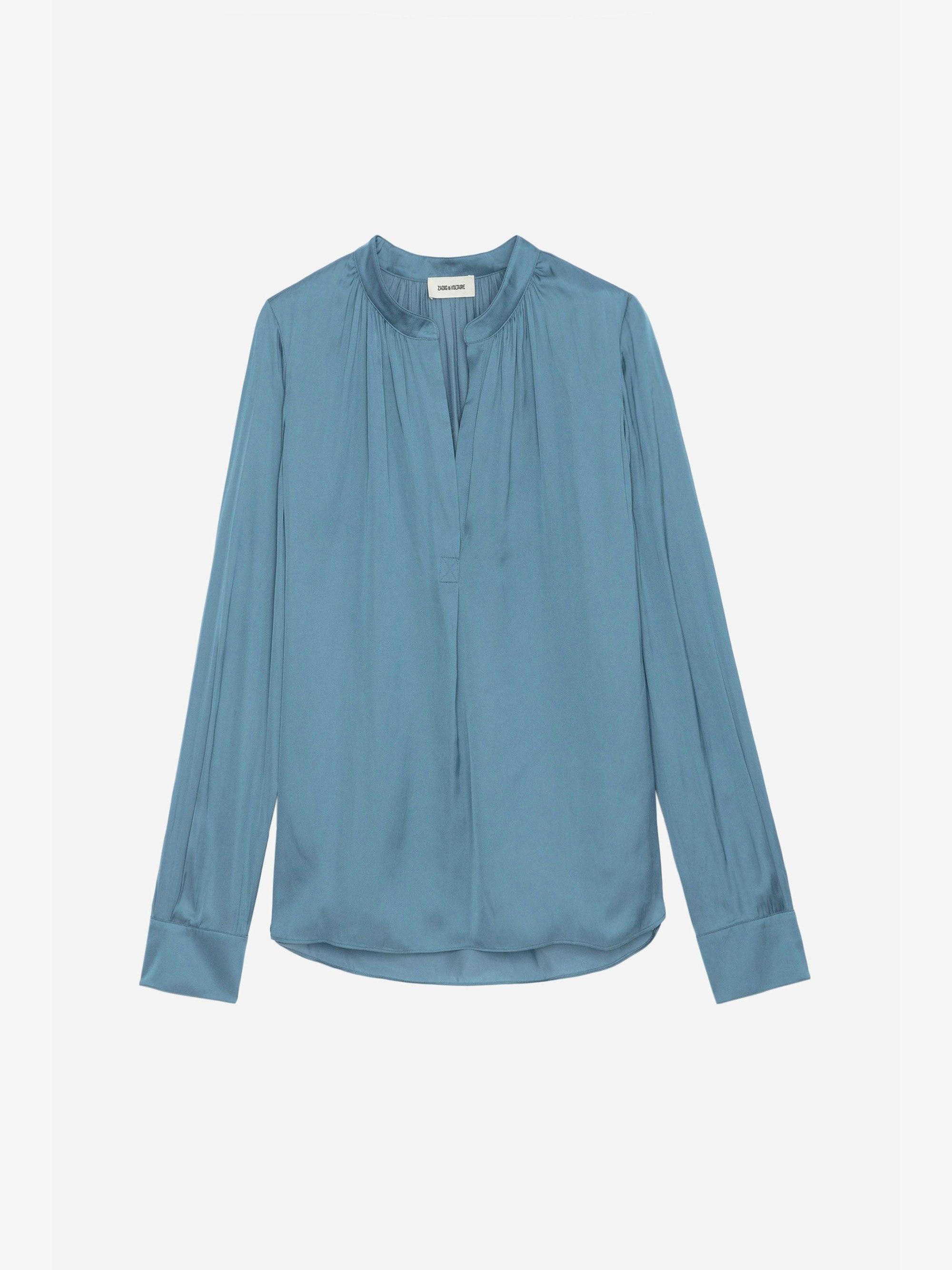 Tink Satin Blouse - Women’s sky blue blouse with open collar.