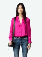 Tink Satin Blouse - Pink satin blouse with open collar, long sleeves and gathered details.