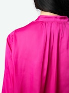 Tink Satin Blouse - Pink satin blouse with open collar, long sleeves and gathered details.