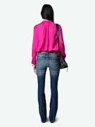 Tink Satin Blouse - Pink satin blouse with open collar, long sleeves and gathered details.