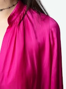 Tink Satin Blouse - Pink satin blouse with open collar, long sleeves and gathered details.
