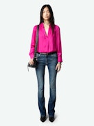 Tink Satin Blouse - Pink satin blouse with open collar, long sleeves and gathered details.
