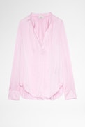 Tink Satin Blouse - Women's long-sleeved pink satin shirt.
