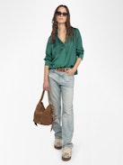 Tink Satin Blouse - Striped jacquard satin blouse with open collar, long sleeves and gathered details.