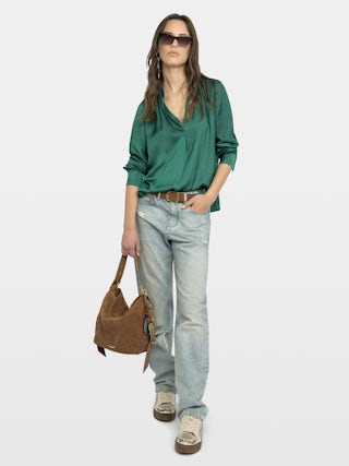 Blouse Tink Satin - Striped jacquard satin blouse with open collar, long sleeves and gathered details.