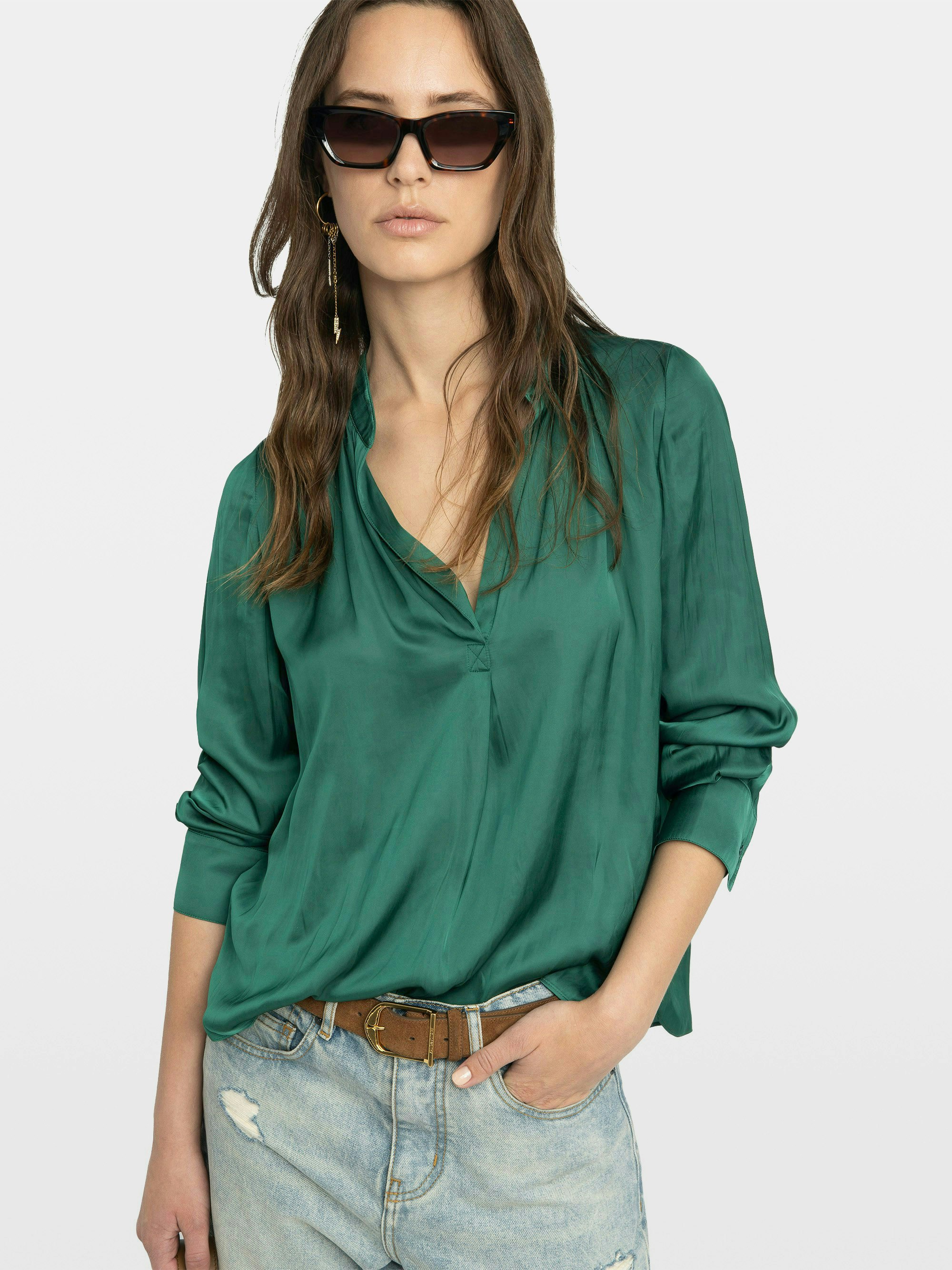 Tink Satin Blouse - Striped jacquard satin blouse with open collar, long sleeves and gathered details.