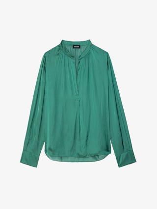 Blouse Tink Satin - Blouse en satin jacquard rayures à col ouvert, manches longues et détails froncés.