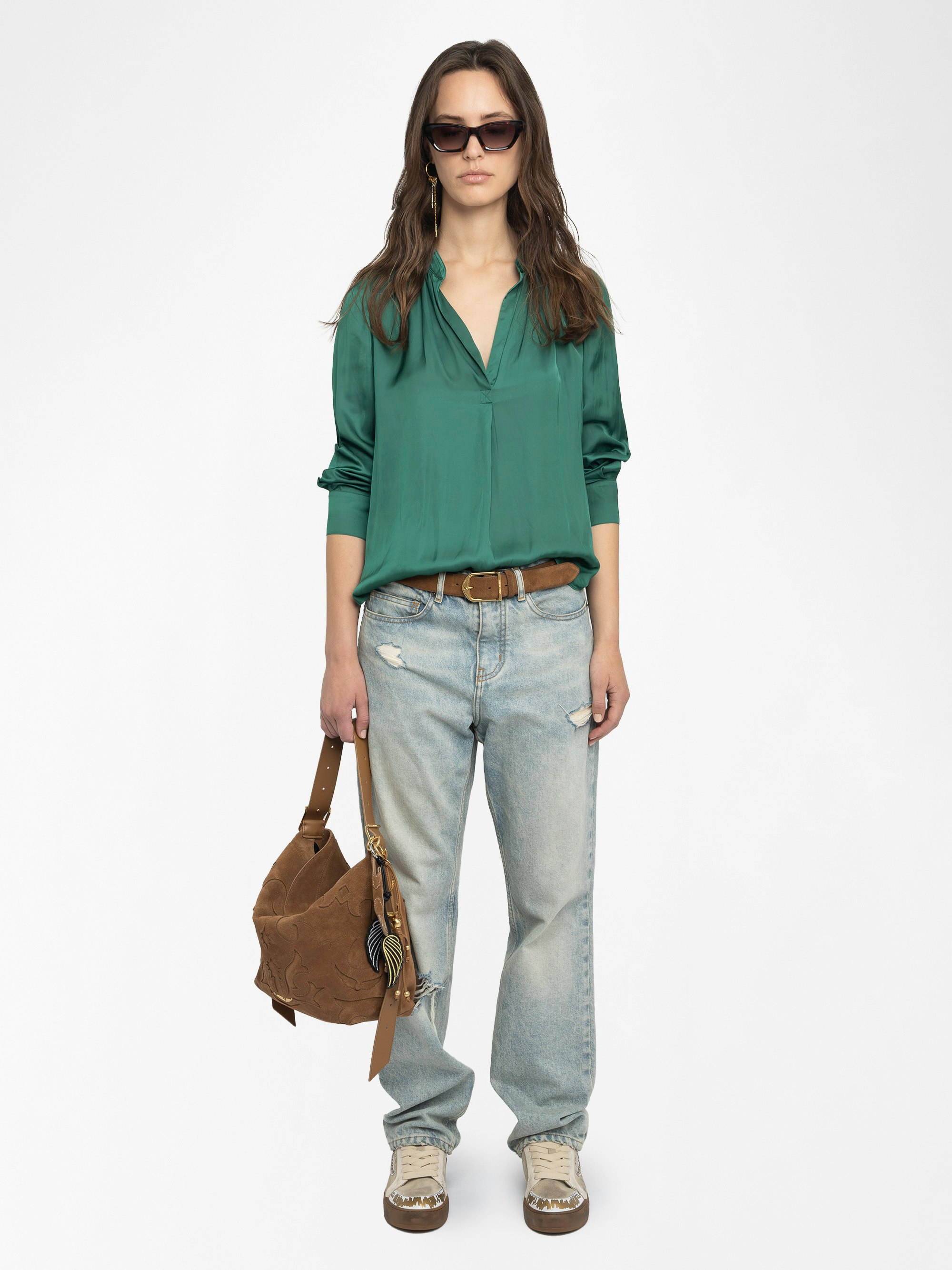 Tink Satin Blouse - Striped jacquard satin blouse with open collar, long sleeves and gathered details.