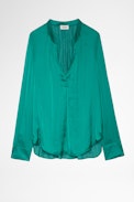 Tink Satin Blouse - Striped jacquard satin blouse with open collar, long sleeves and gathered details.