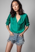 Tink Satin Blouse - Striped jacquard satin blouse with open collar, long sleeves and gathered details.