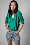 Tink Satin Blouse - Striped jacquard satin blouse with open collar, long sleeves and gathered details.