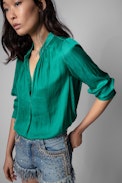 Tink Satin Blouse - Striped jacquard satin blouse with open collar, long sleeves and gathered details.
